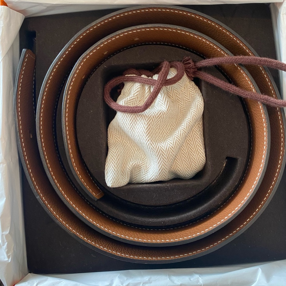 Hermes H Belt Buckle with reversible leather strap in black/tan 32mm - Picture 5 of 6